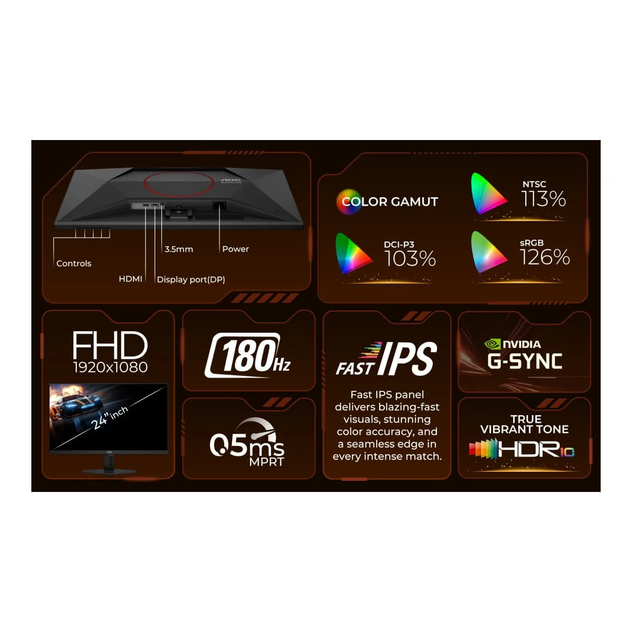 AOC 24G4E 23.8-inch 1920 x 1080p FHD 16:9 180Hz 0.5ms LED IPS Gaming Monitor - Image 12