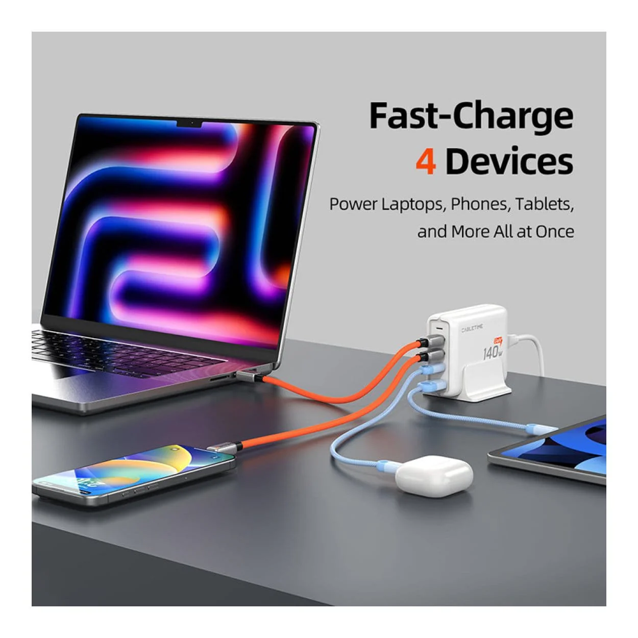 Cabletime 4-in-1 140W GaN USB-C Charging Station White CT-GAN140-PWE - Image 3