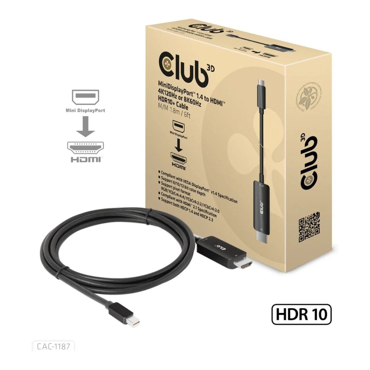 Club 3D 1.8m Mini Display Port 1.4 to HDMI 4K120Hz or 8K60Hz HDR10+ Cable Black CAC-1187 - Image 2