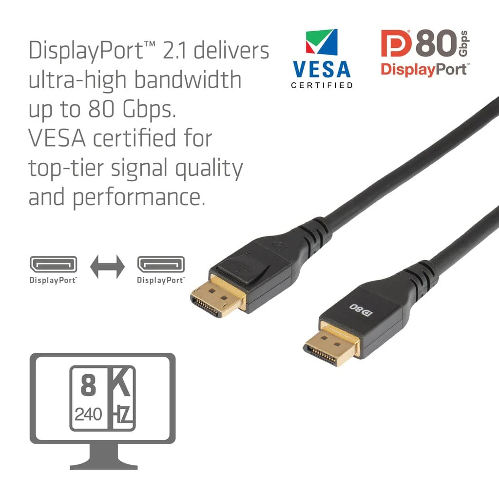 Club 3D 2m 8K 240HZ DisplayPort 2.1 VESA DP80 CABLE Black CAC-1094 - Image 2