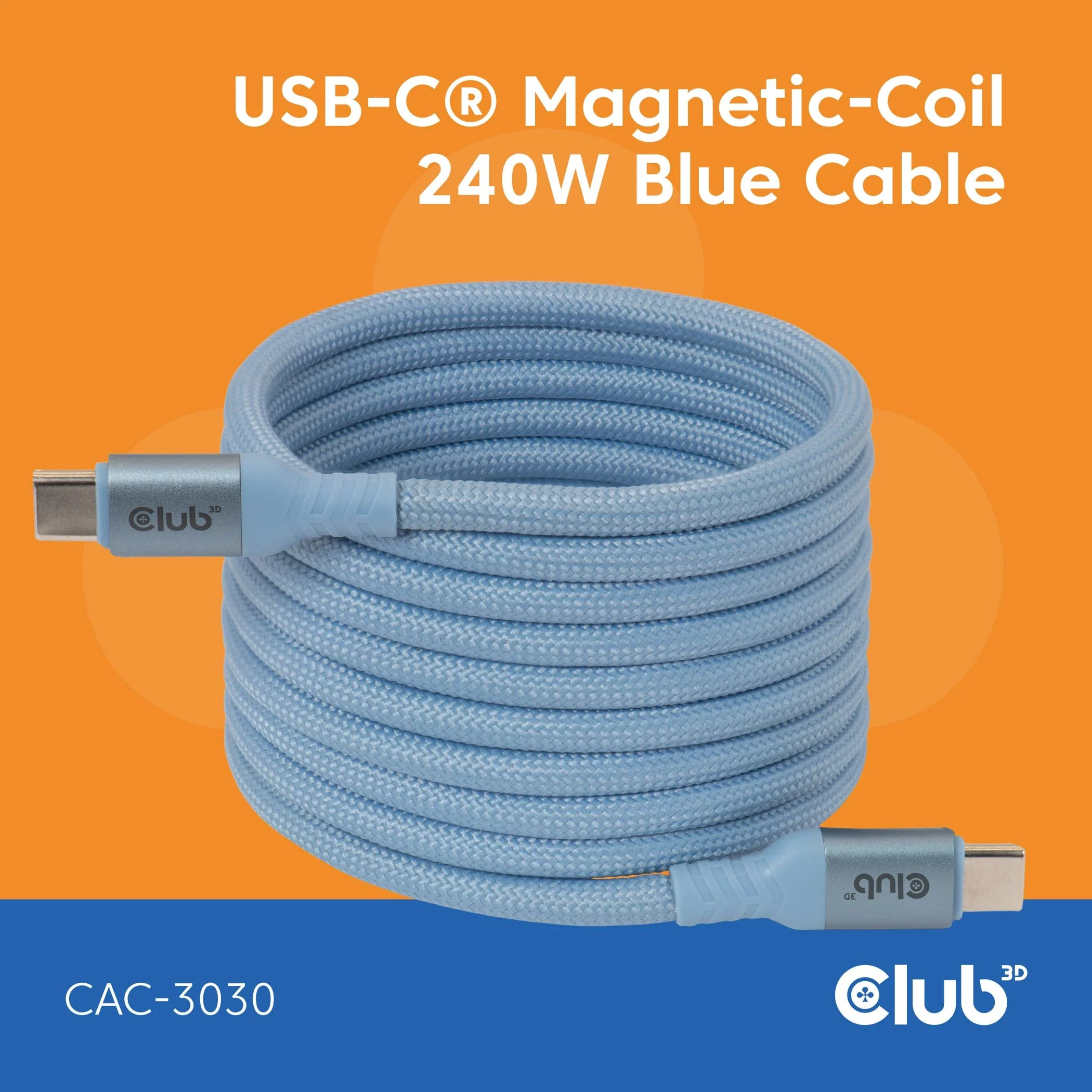 Club 3D 2m USB-C Magnetic Coil 240W PD3.1 Cable Blue CAC-3030 - Image 10