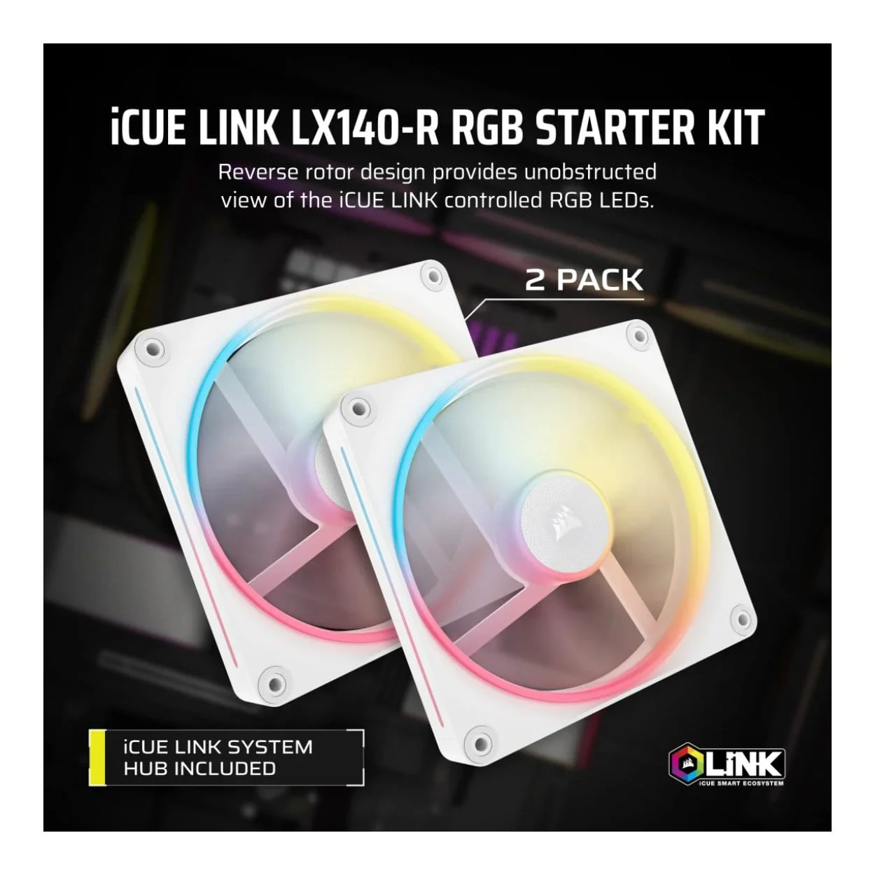 Corsair iCUE LINK LX140-R RGB 140mm PWM Reverse Fans Starter Kit - White 2-pack CO-9051056-WW - Image 3