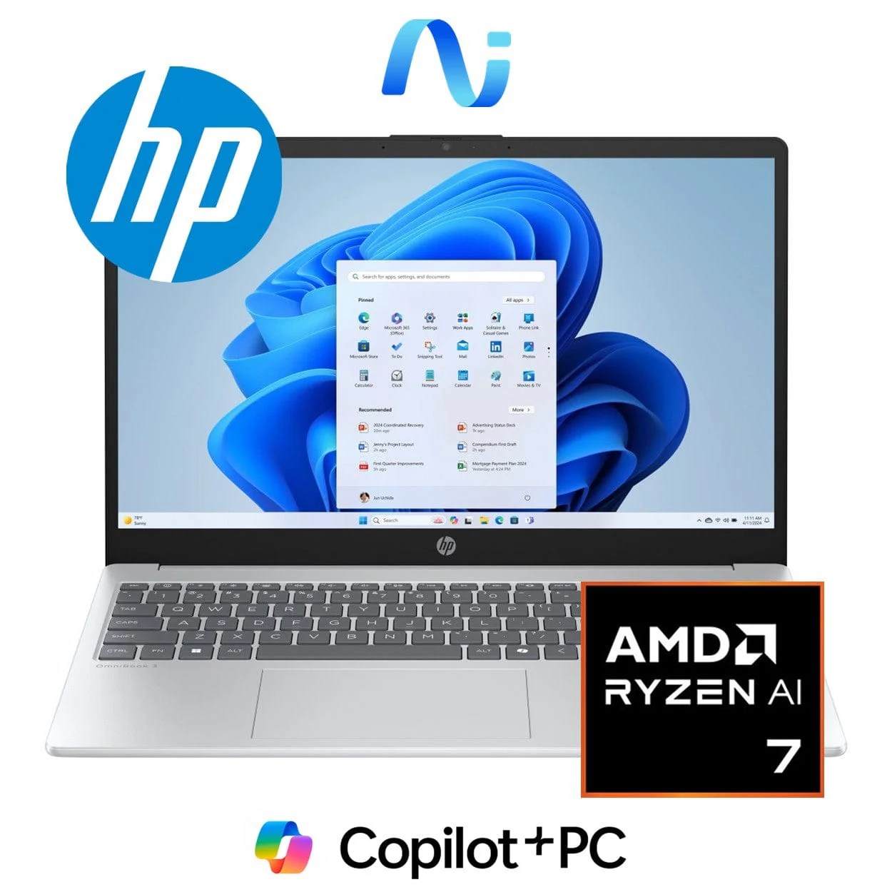 HP OmniBook 3 15-fn0001ni 15.6-inch FHD Next Gen AI Laptop - AMD Ryzen 7 350 512GB SSD 16GB RAM Win 11 Home Glacier Silver - Image 2