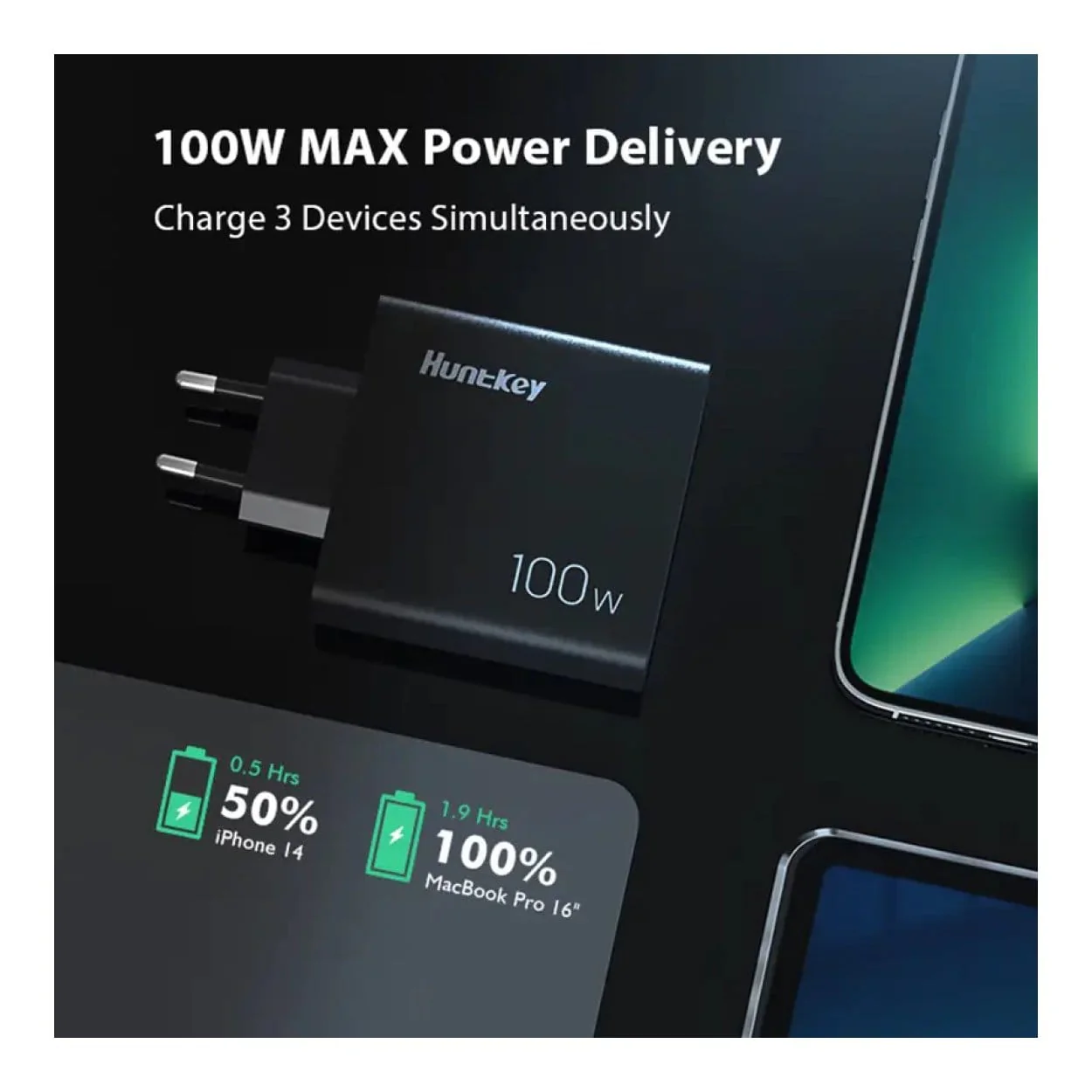 Huntkey 100W GNAN Tri-Port Fast Charger P11-10020DF02R - Image 3