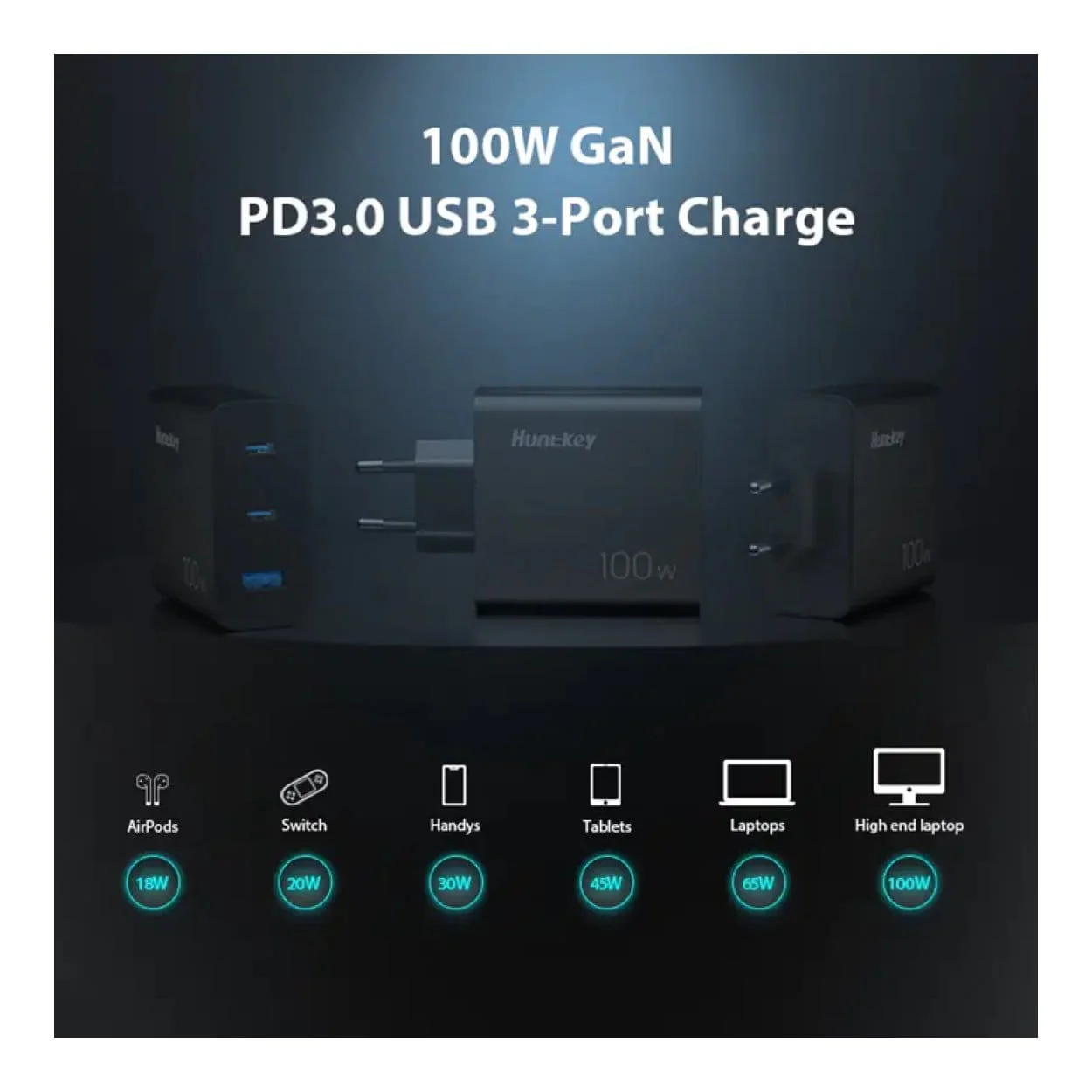 Huntkey 100W GNAN Tri-Port Fast Charger P11-10020DF02R - Image 7