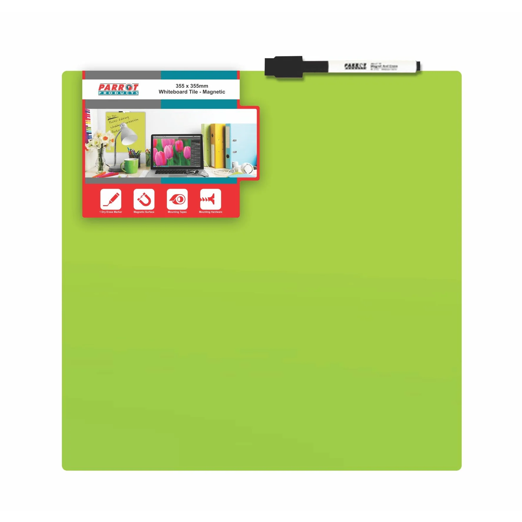 Parrot Magnetic Whiteboard Tile 355x355mm Green BD1817G