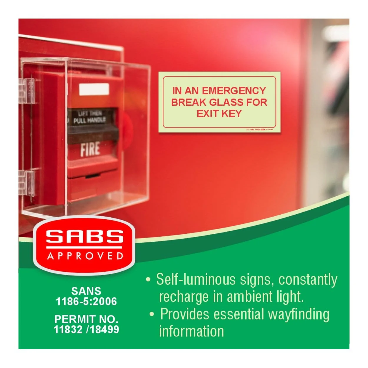 Parrot Photoluminescent 190mm In An Emergency Break Glass For Exit Key Safety Sign F43 SNP19F43 - Image 3