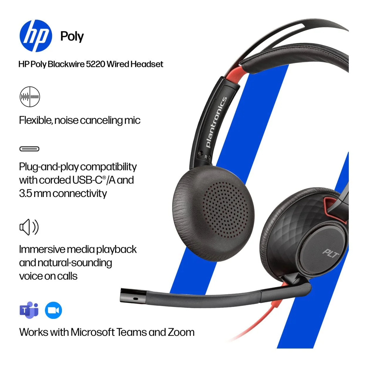 Poly Blackwire 5220 Stereo USB-C Headset with USB-A Adapter 8X231A6 - Image 3