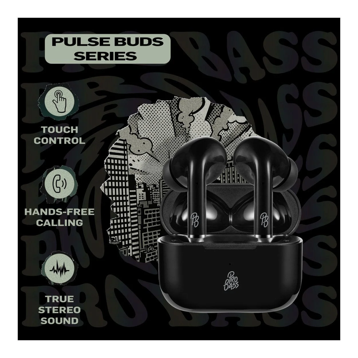 Pro Bass Pulse True Wireless Earbuds with Charging Case Black PR-1119-BK - Image 8