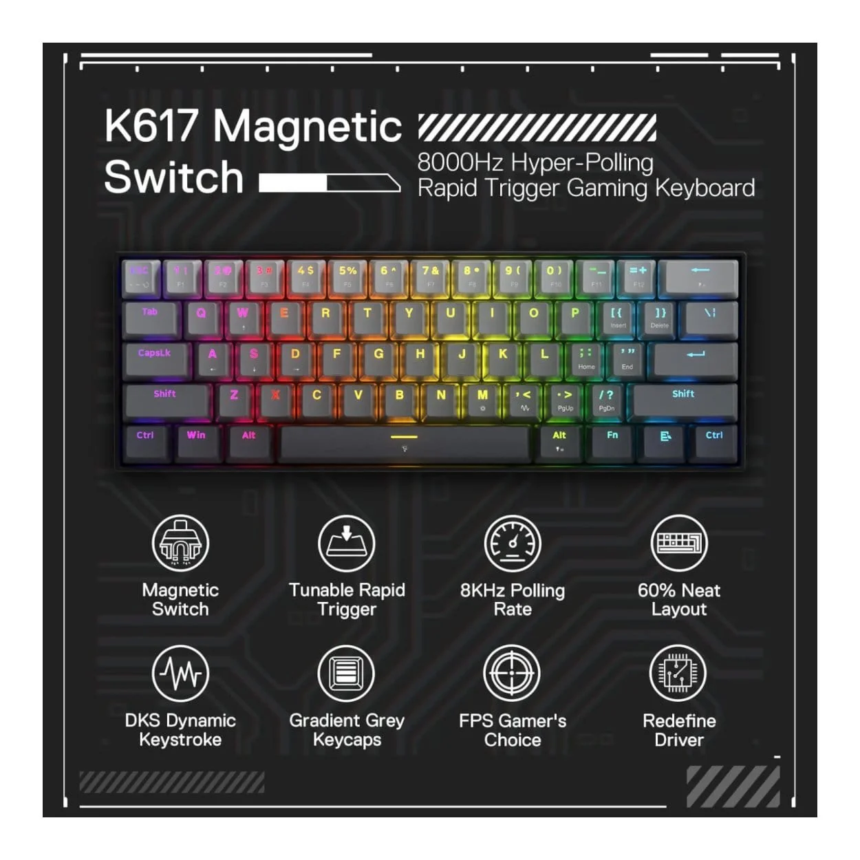 Redragon K617 Fizz Rapid Trigger Magnet Hall Switch Wired RGB Gaming Keyboard RD-K617GGB-RGB-M - Image 2