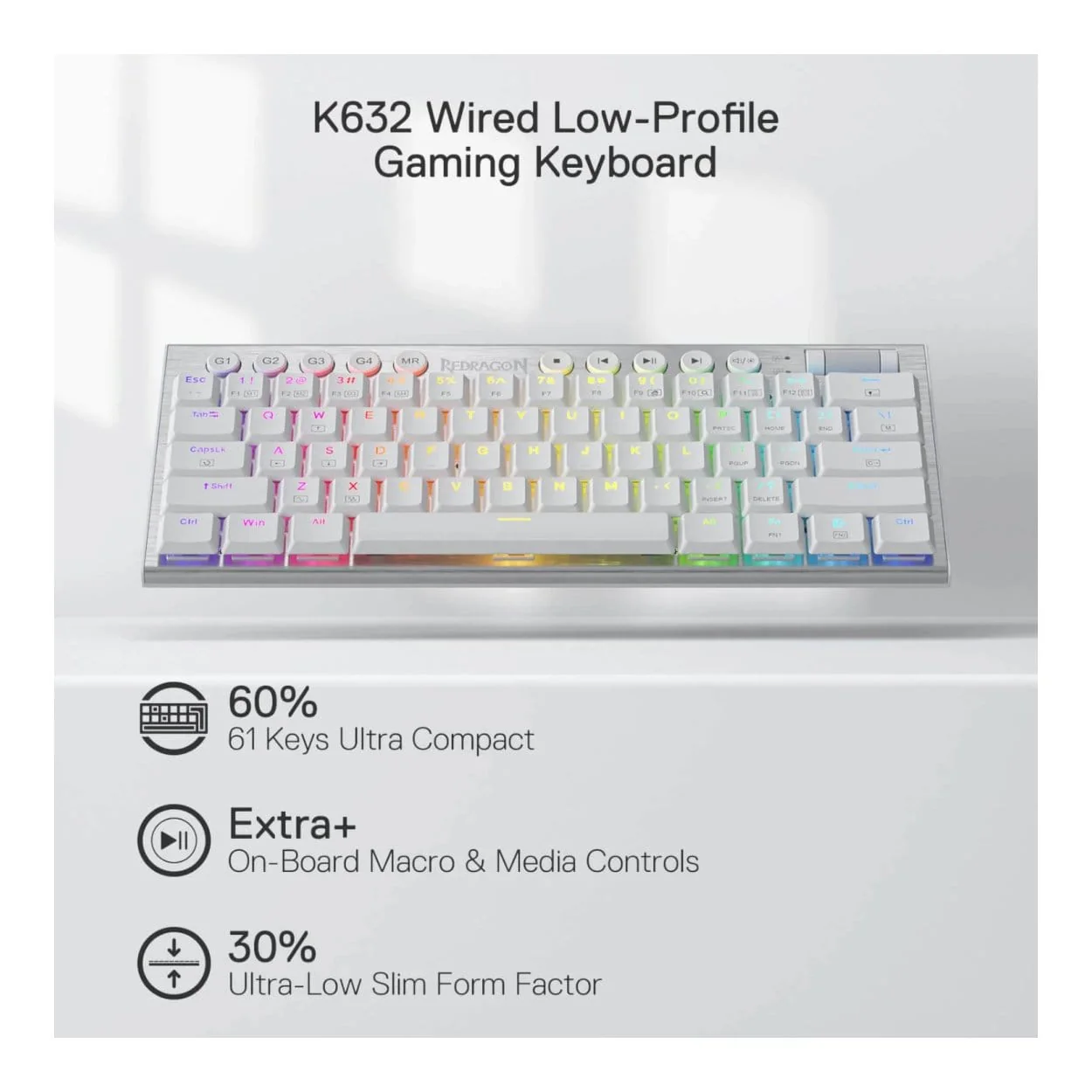 Redragon K632 Horus Mini RGB Wired Gaming Keyboard White RD-K632W-RGB - Image 3