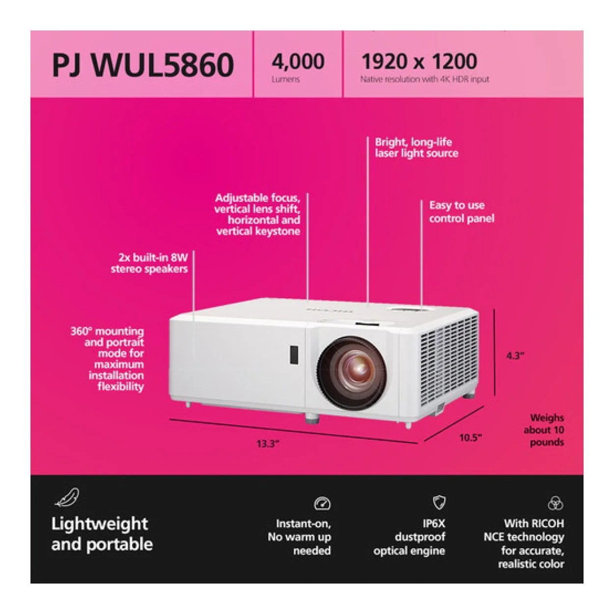 Ricoh PJ WUL5860 4000 ANSI Lumens DLP Laser Projector White 432482 - Image 9