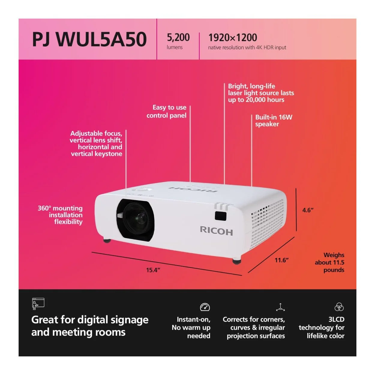 Ricoh PJ WUL5A50 5200 ANSI Lumens Short Throw Projector White 432675 - Image 7