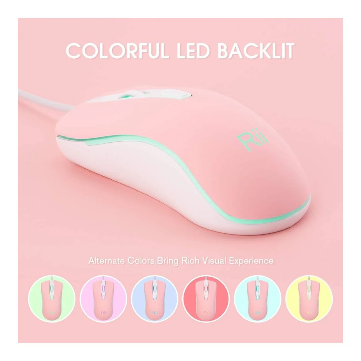 RII RM105 RGB Wired Mouse Pink - Image 2