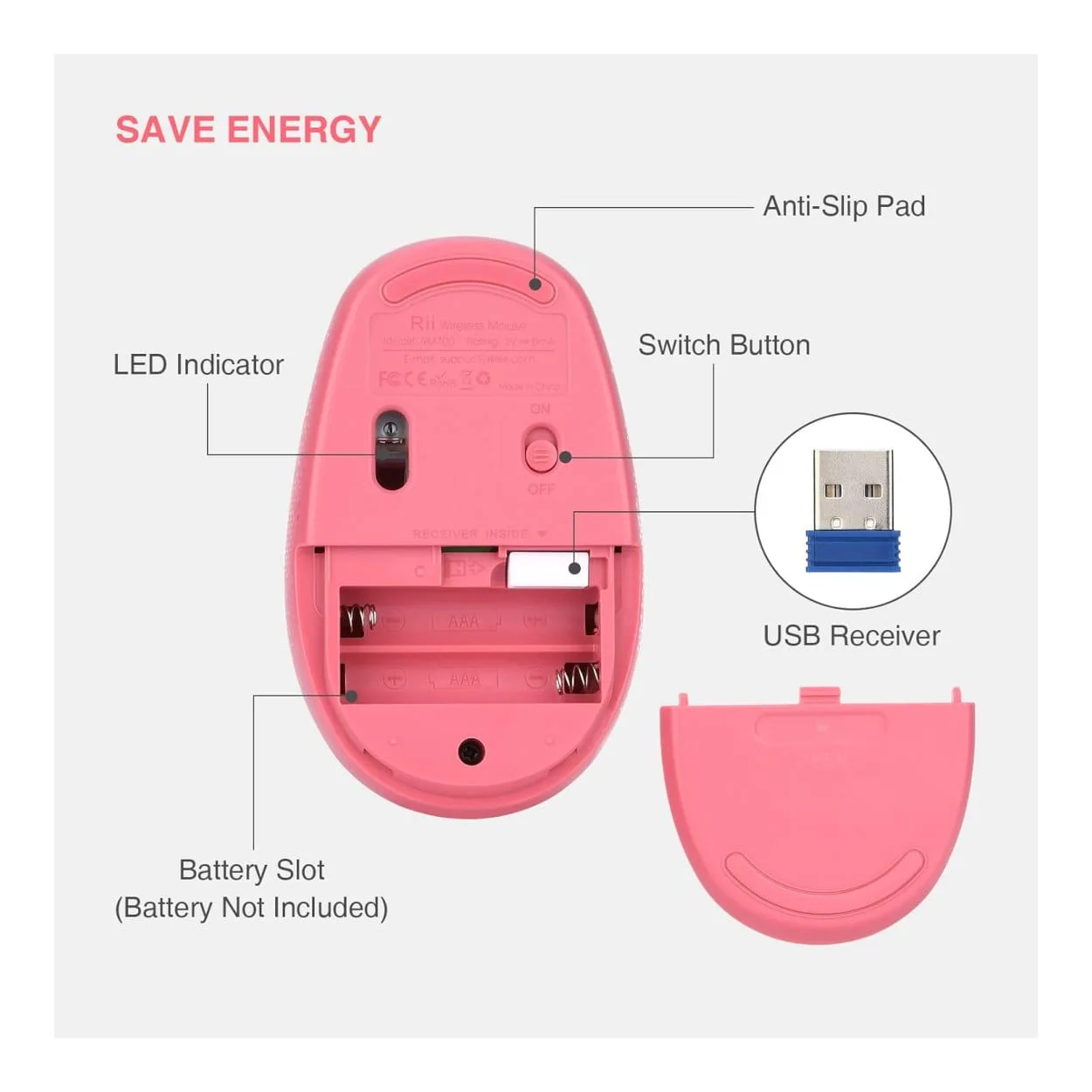 RII RM700-PINK Silent 2.4G Wireless Mouse Pink - Image 5