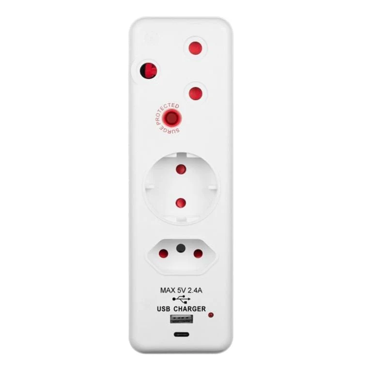 Switched 3-way Medium Surge Protection Schuko Adapter with 1x Type-C and 1x USB-A Charger SWD-72014-S-WT - Image 3