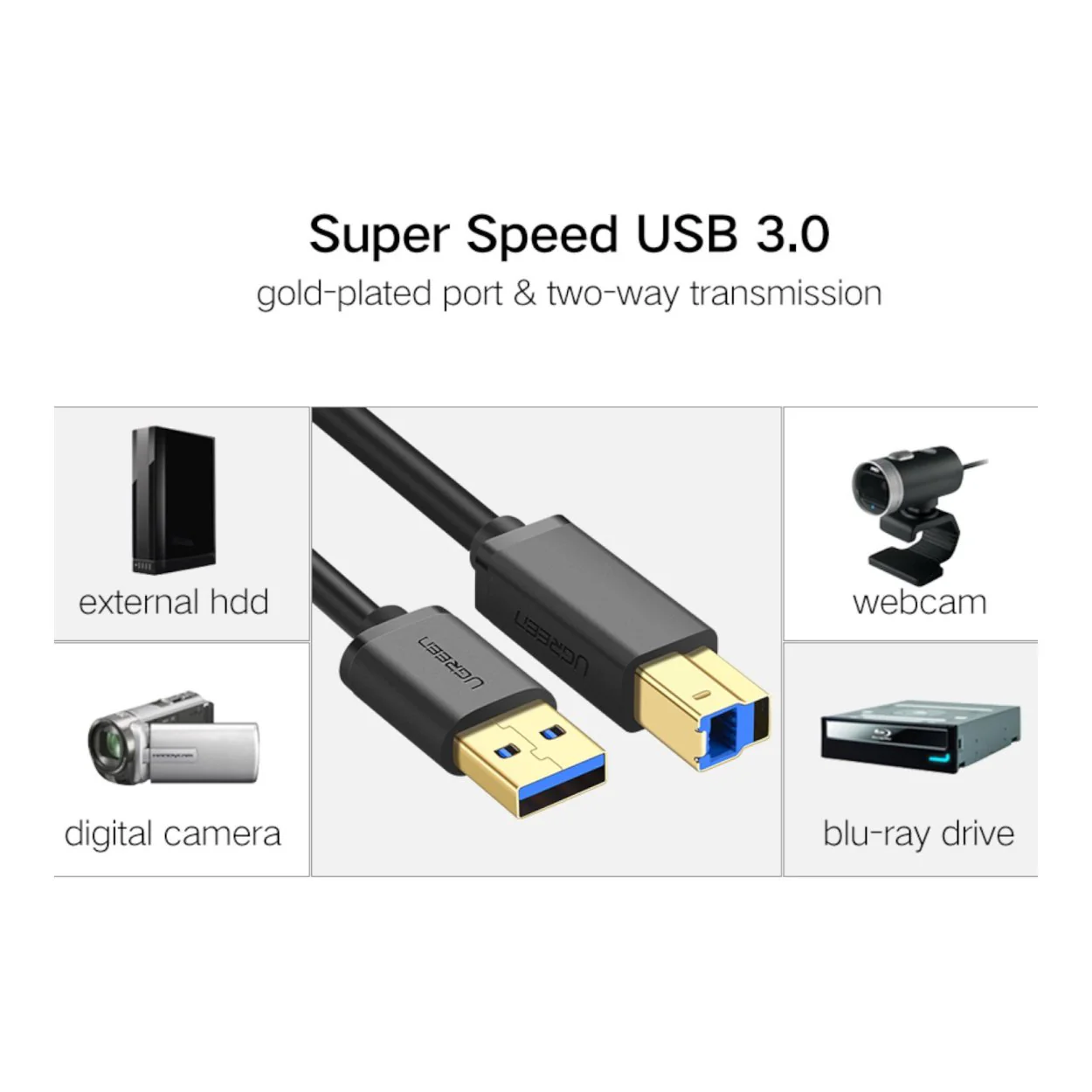 Ugreen 2m US210 USB-A Printer Cable Black 10372 - Image 2