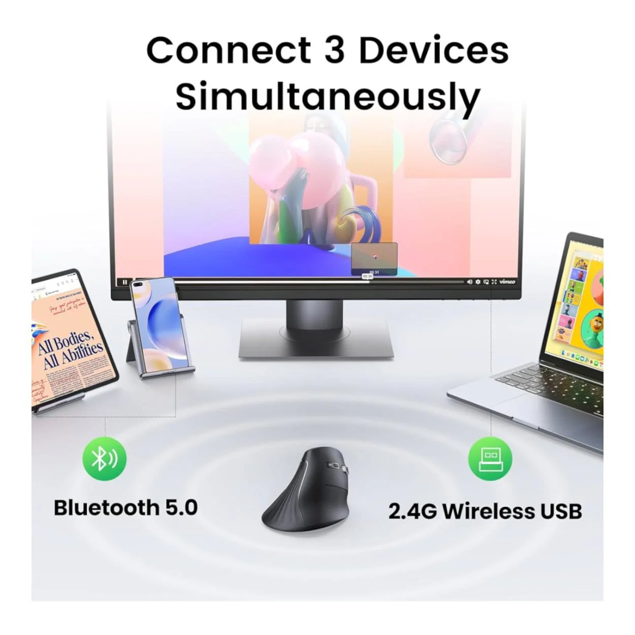 Ugreen Multi-Mode Bluetooth and 2.4G Wireless Vertical Mouse Black 25444 - Image 2