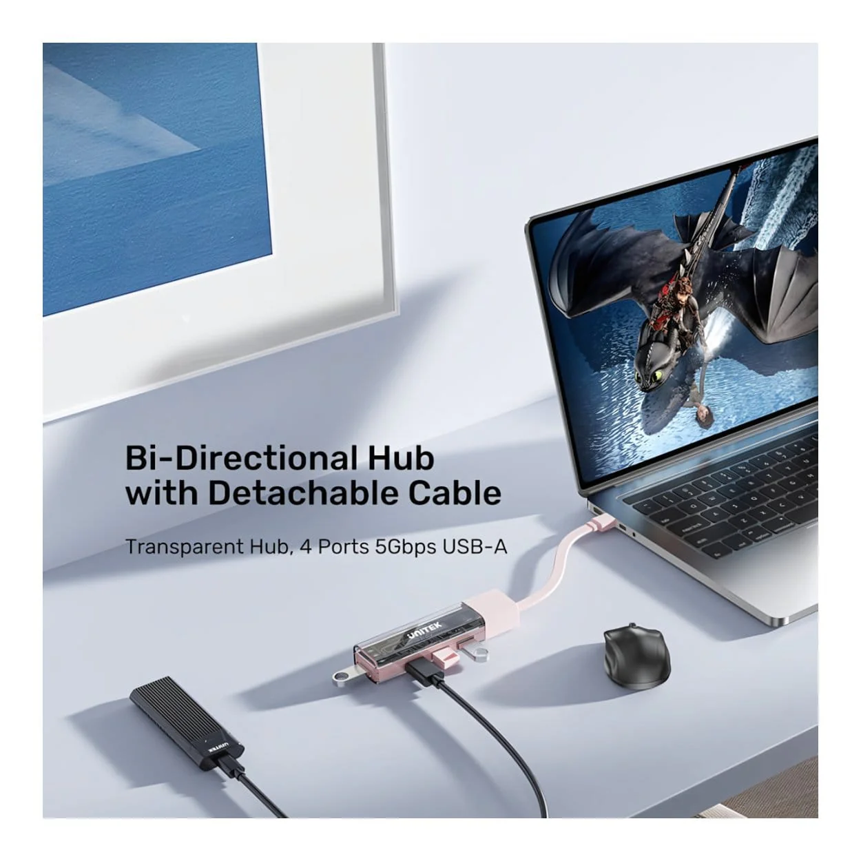 Unitek 4-in-1 USB-C Hub with 4-port USB-A Bi-Directional Hub with Detachable Cable White H1319AWH01 - Image 3