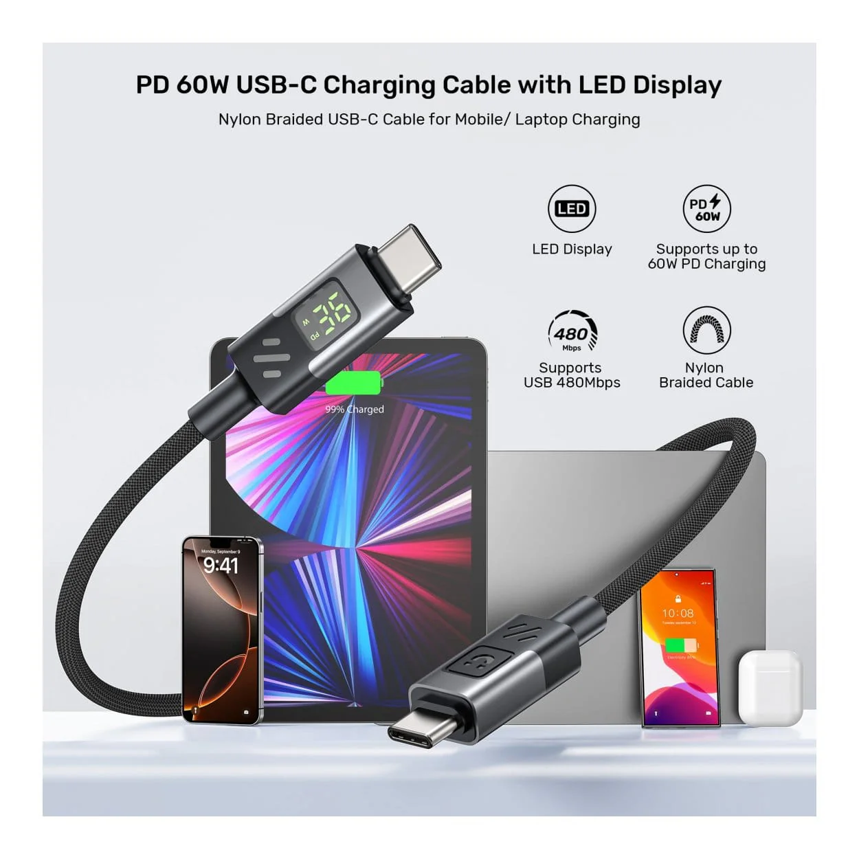 Unitek 60W Type-C Male to Male Charging Cable 2m with LED Display C14158ABK-2M - Image 6