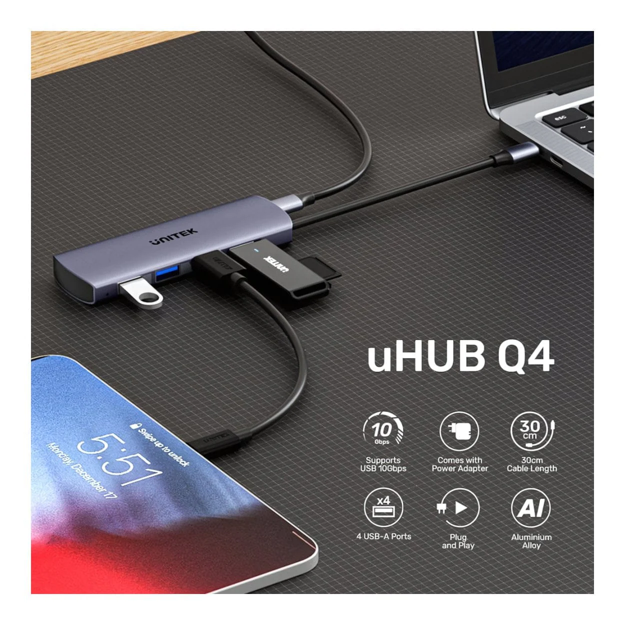 Unitek uHUB Q4 4-in-1 USB-C Hub with 4-port USB-A H1112EGY01 - Image 8