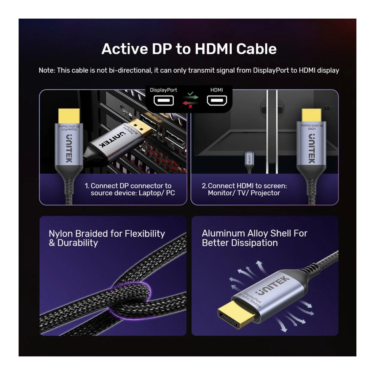 Unitek V1610A01 1.8m 8K DisplayPort 1.4 to HDMI 2.1 Cable - Image 7