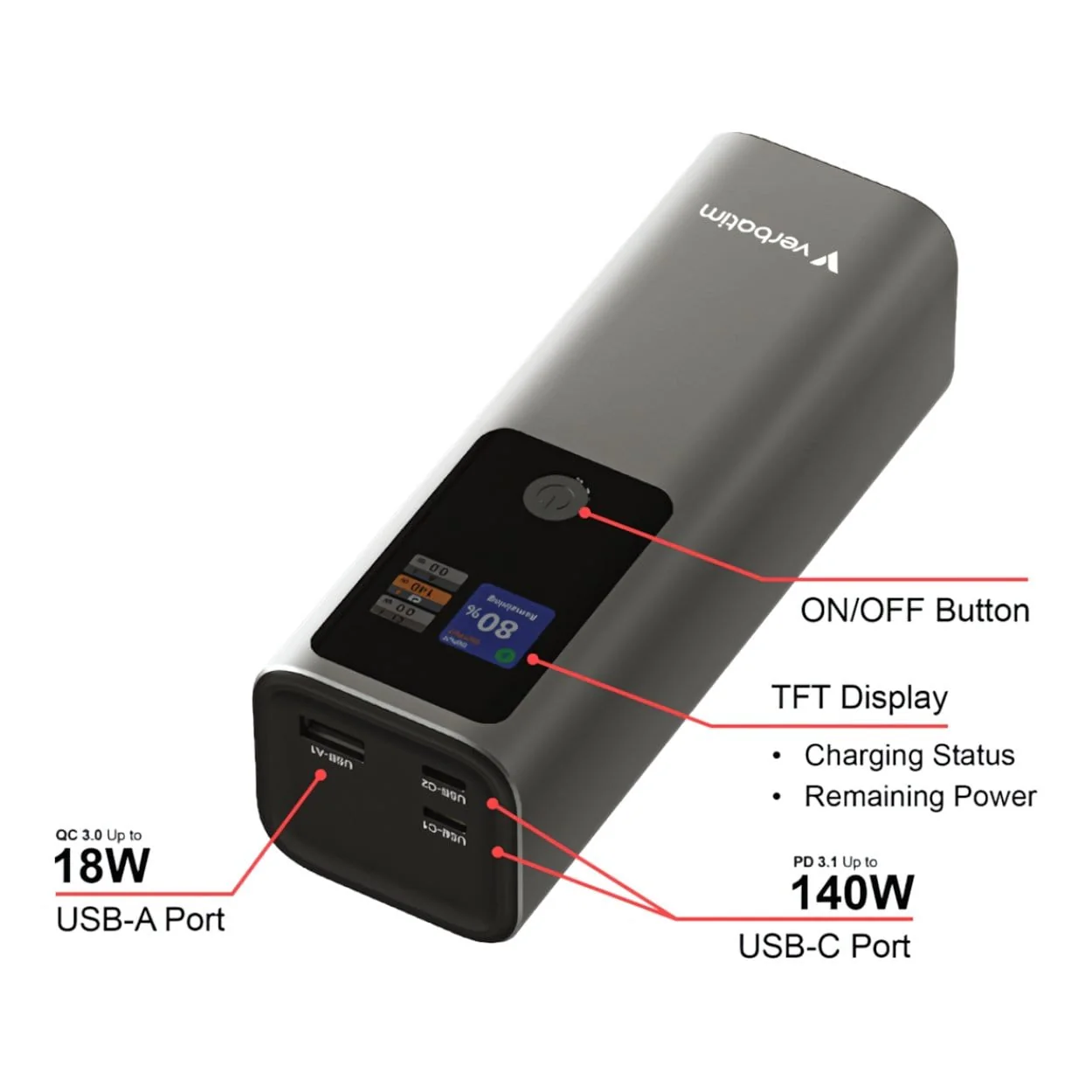 Verbatim Charge n Go 27000mAh 183W Power Bank Grey 32269 - Image 6