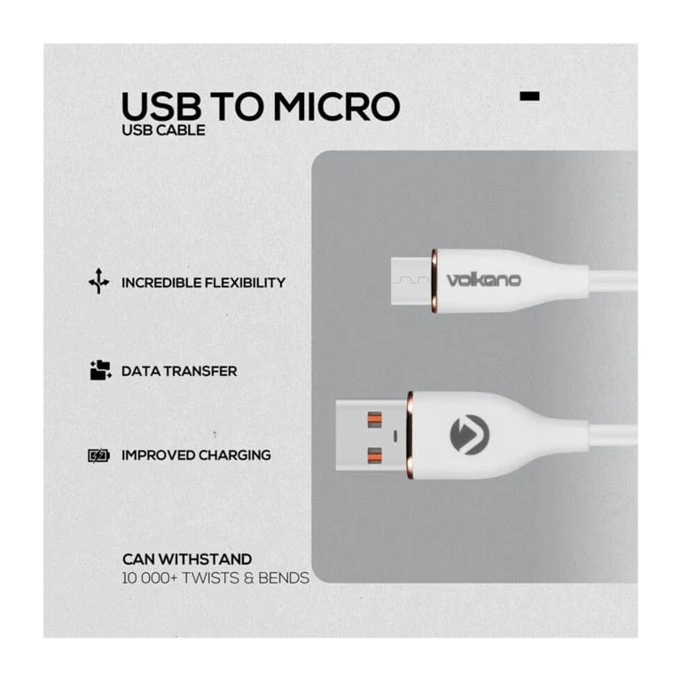 Volkano Flexi Series Type-A to Micro USB 18W Cable 1.5m White VK-20261-WT - Image 2