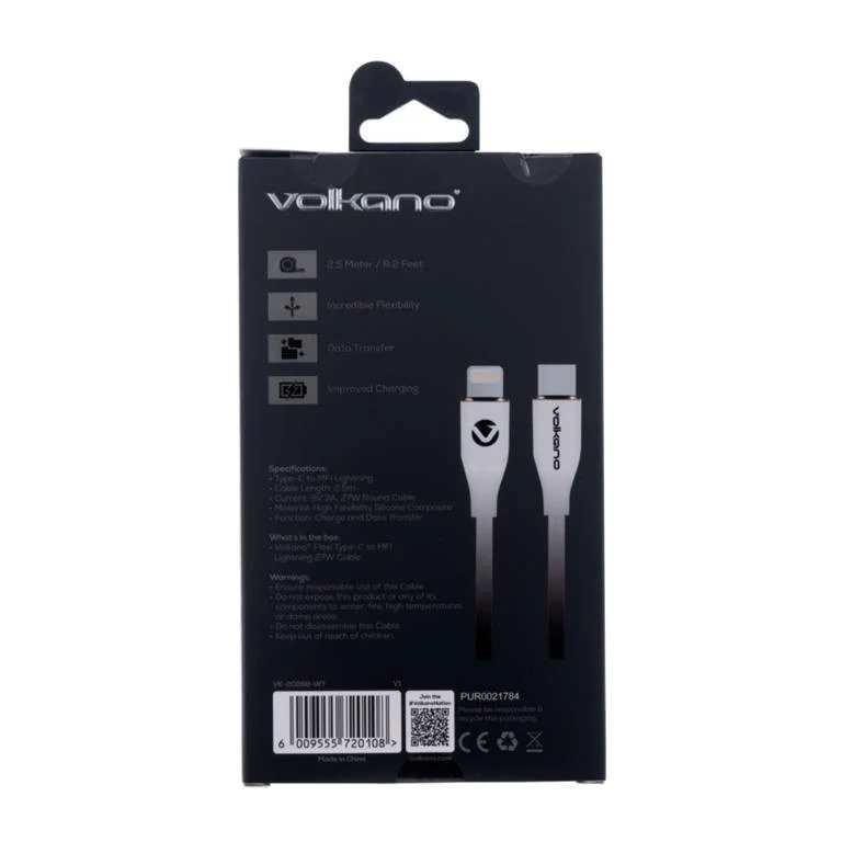 Volkano Flexi Series Type-C to MFI Lightning 27W Cable 2.5m White VK-20268-WT - Image 3