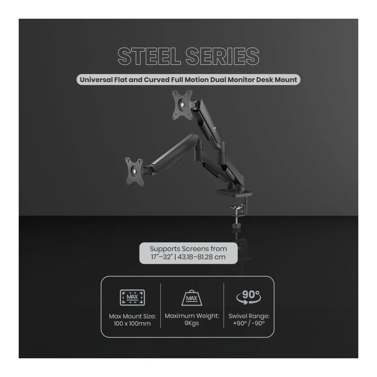 Volkano Steel Series 17-32-inch Full Motion Dual Monitor Desk Mount VK-4039-BK - Image 5