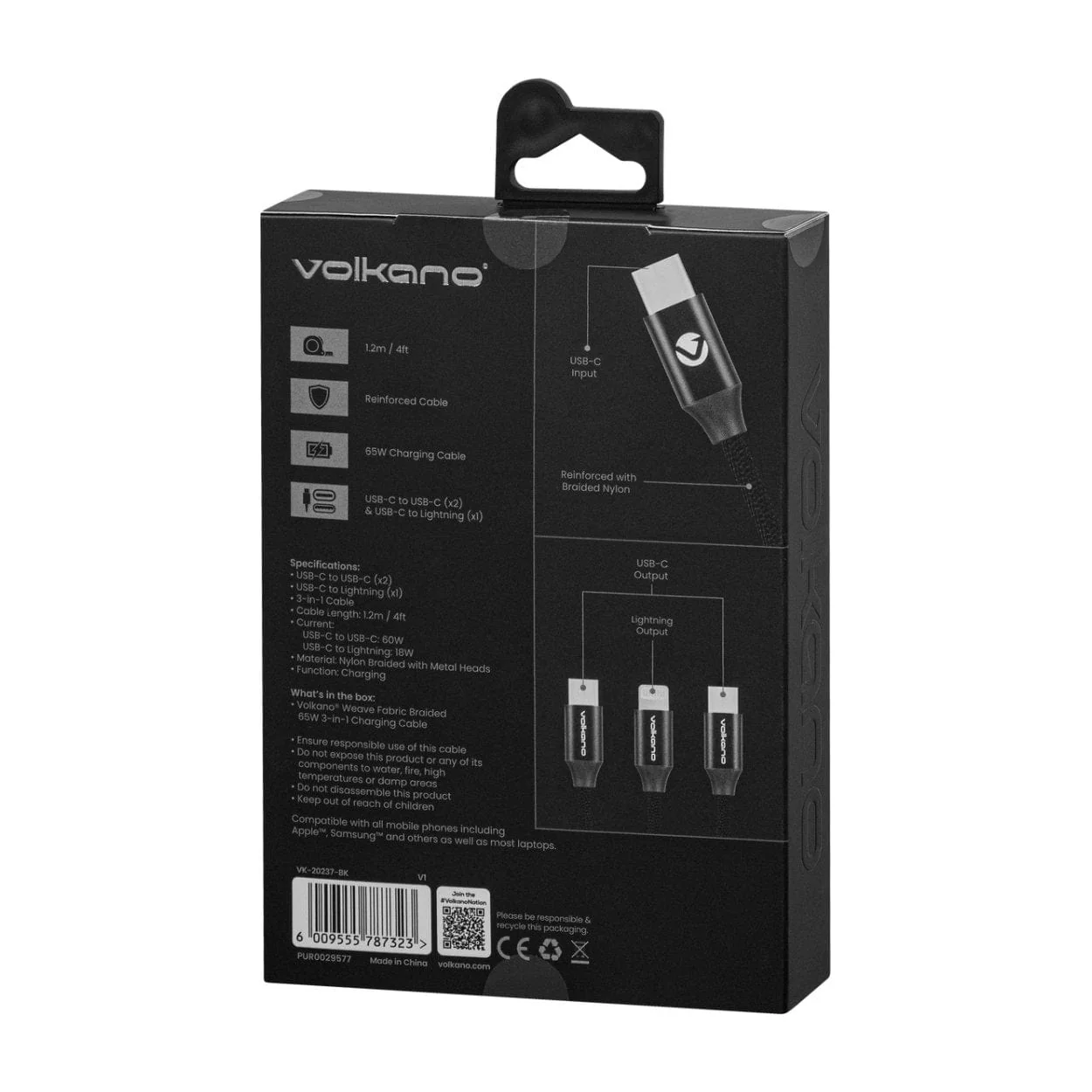 Volkano Weave Series 65W 3-in-1 Charging Cable 1.2m Black VK-20237-BK - Image 4