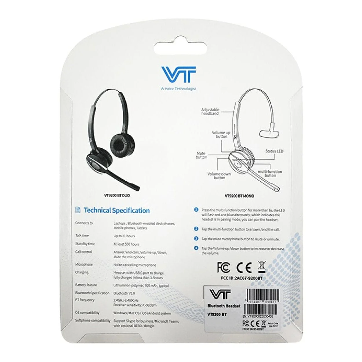 VT 9200BT Duo Bluetooth Headset 9250-00-00 - Image 4